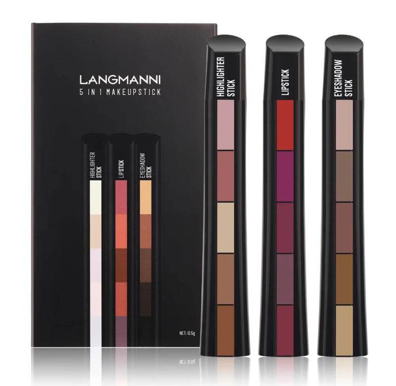 5 In 1 Eyeshadow Stick Highlight Lipstick Kit Waterproof Nude Combination Long Lasting Velvet Red Sexy Portable Cosmetic Makeup, -Highlighter Stick  -Eye Shadow Stick  -Lipstick